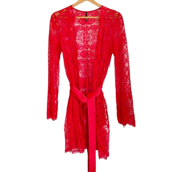 Aria Other - ARIA red sheer lace sexy open front long sleeve wrap robe removable sash tie